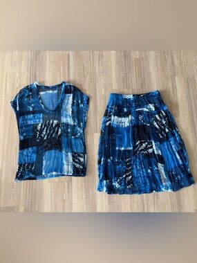 RAQUEL ALLEGRA Set 2 Piece Skirt Top Silk Blue Print Women S Boho Artsy Resort